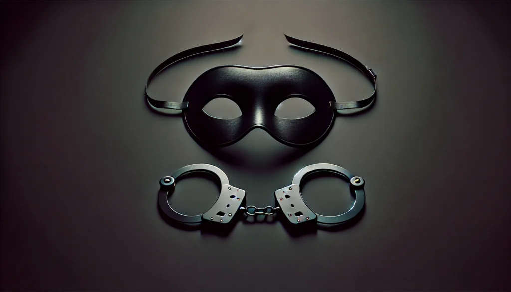 Maschera nera e manette in pelle su sfondo scuro - Simbolismo BDSM