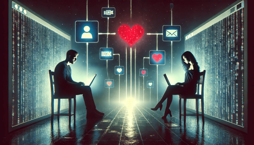 Uomo e donna che vivono il cybersex da stanze separate
