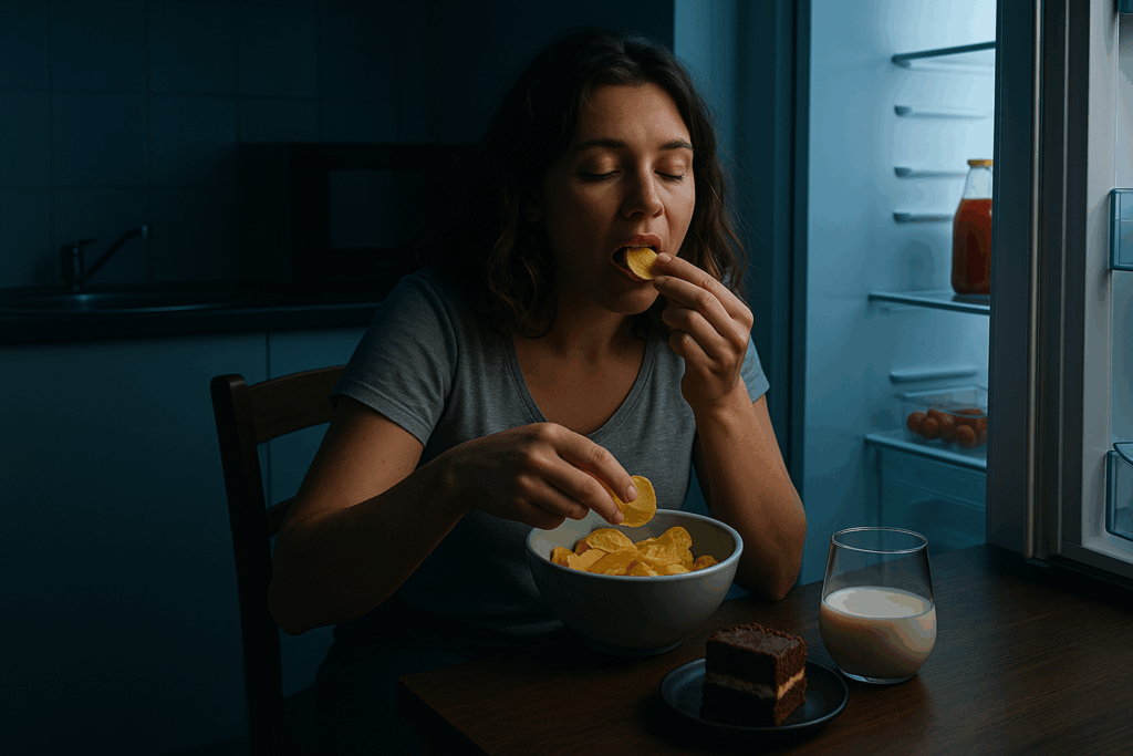 Donna seduta in cucina, illuminata dal frigorifero aperto, mentre mangia patatine