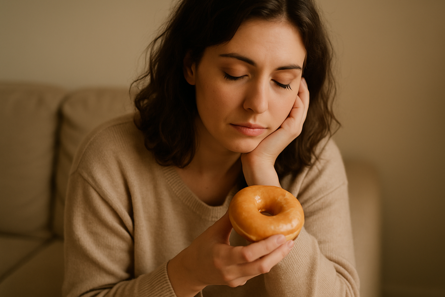 Donna pensierosa con espressione serena tiene in mano un donut